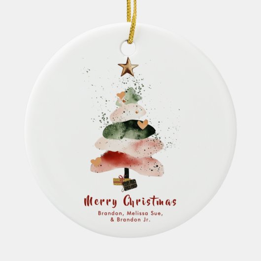 モダンな水彩画のクリスマスツリーの家族の休日 セラミックオーナメント (正面)