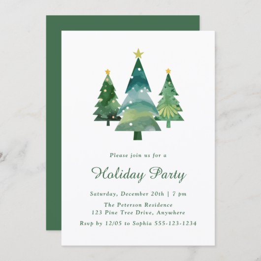 モダンな水彩画のクリスマスツリー ホリデーパーティー 招待状 (正面/裏面)