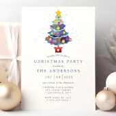 モダンな水彩画のクリスマスツリー ホリデーパーティー 招待状