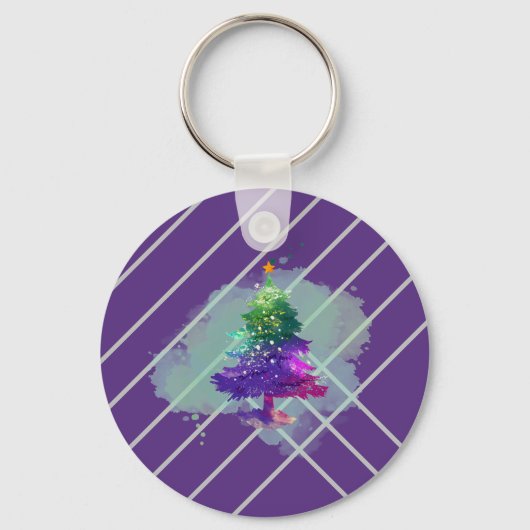 モダンな水彩画のクリスマス カラフルなモミの木 キーホルダー (正面)