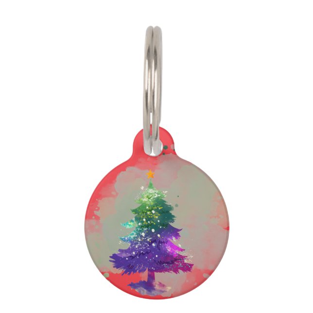 モダンな水彩画のクリスマス カラフルなモミの木 ペット　ネームタグ (正面)