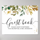 モダンな水彩画のグリーンと葉、そしてゴールドのドロップ ポスター (正面)