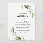 モダンな水彩画のグリーンリーフウェディング招待状 招待状 (正面/裏面)