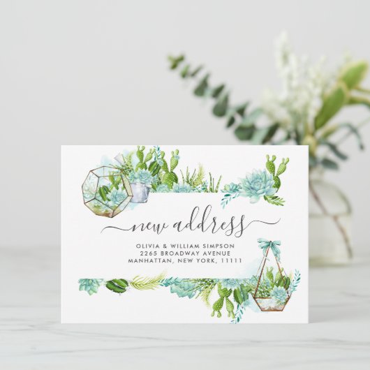 モダンな水彩画のサボテンと多肉植物が動く 案内状 (スタンド正面)