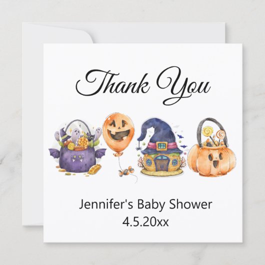 モダンな水彩画のハロウィンベビーシャワーのお礼 ノートカード (正面)