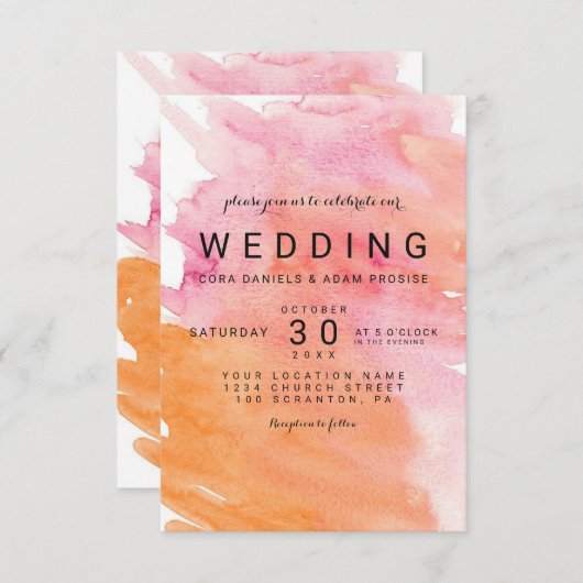 モダンな水彩画のハートの結婚式の招待状 招待状 (正面/裏面)