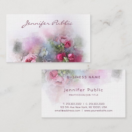 モダンな水彩画のバラの花のアートワークのテンプレート 名刺 (正面/裏面)