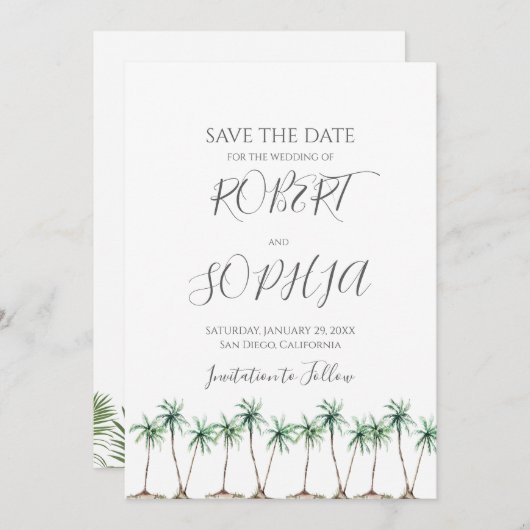 モダンな水彩画のパームツリーの結婚式 セーブザデート (正面/裏面)