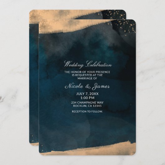 モダンな水彩画のブルーとコーラルピンクのシックなウェディング 招待状 (正面/裏面)