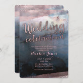 モダンな水彩画のブルーとローズゴールドピンクのウェディング 招待状 (正面/裏面)