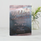 モダンな水彩画のブルーとローズゴールドピンクのウェディング 招待状 (スタンド正面)