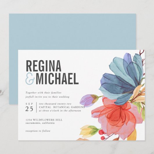 モダンな水彩画のワイルドフラワーがアクセントのターコイズブルーの結婚式 招待状 (正面/裏面)