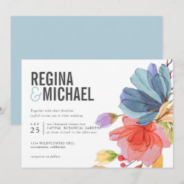 モダンな水彩画のワイルドフラワーがアクセントのターコイズブルーの結婚式 招待状