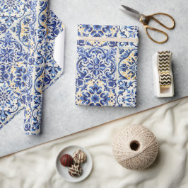 モダンな水彩画の地中海スタイル  青いタイル ラッピングペーパー