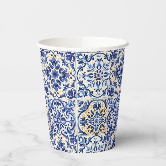 モダンな水彩画の地中海スタイル 青いタイル 紙コップ (左)