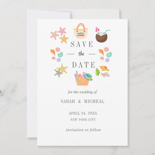 モダンな水彩画の夏のビーチ セーブザデート (正面)