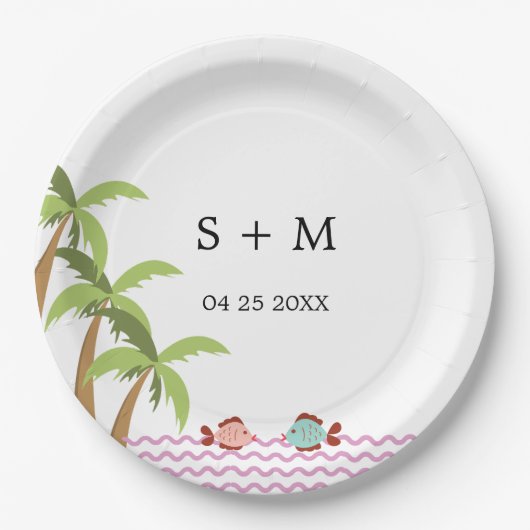モダンな水彩画の夏のビーチ ペーパープレート (正面)