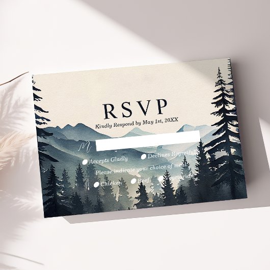 モダンな水彩画の松と山の結婚式RSVP 出欠カード