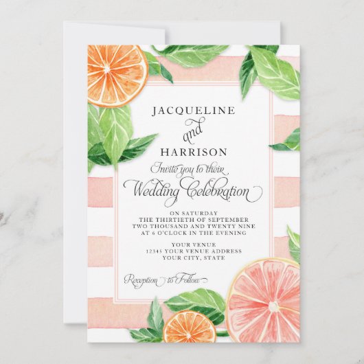 モダンな水彩画の柑橘類のピンク種のグレープフルーツのオレンジ 招待状 (正面)