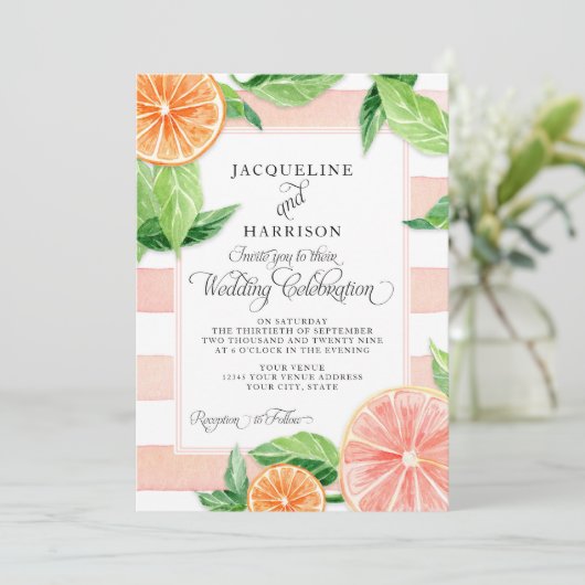 モダンな水彩画の柑橘類のピンク種のグレープフルーツのオレンジ 招待状 (スタンド正面)