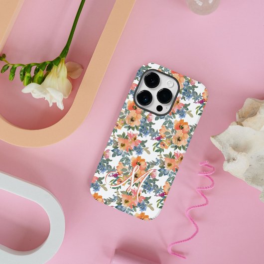 モダンな水彩画の桃の花柄モノグラムM Case-Mate iPhoneケース