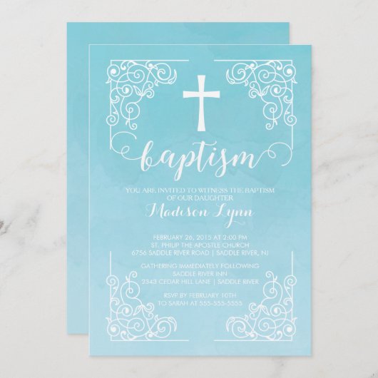 モダンな水彩画の洗礼の《キリスト教》洗礼式や命名式の十字 招待状 (正面/裏面)