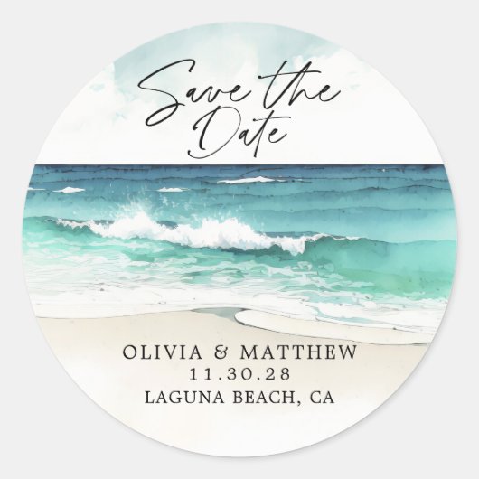 モダンな水彩画の海辺のビーチ セーブ・ザ・デート ラウンドシール (正面)