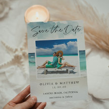 モダンな水彩画の海辺の写真を使ったSave the Date