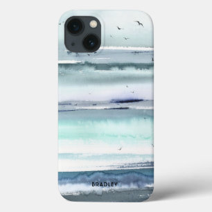 モダンな水彩画の海 オーシャン 名前入り iPhone 13ケース