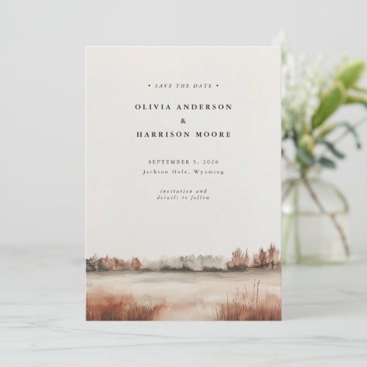 モダンな水彩画の秋の屋外風景ウェディング セーブザデート (スタンド正面)