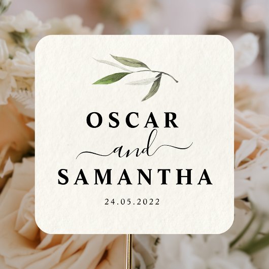 モダンな水彩画の緑のオリーブの枝 スクエアシール