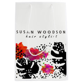 モダンな水彩画の花のはっきりしたなMonsteraパターン ミディアムペーパーバッグ