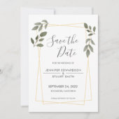 モダンな水彩画の葉のゴールドフレーム Save the Date 招待状 (正面)