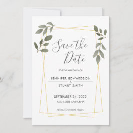 モダンな水彩画の葉のゴールドフレーム Save the Date 招待状