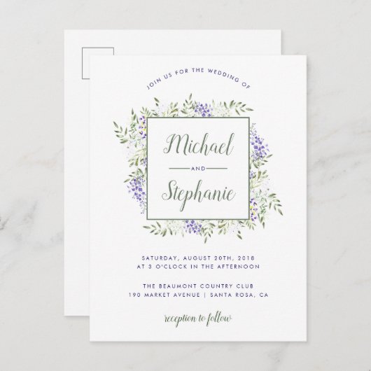 モダンな水彩画の藤フレームの結婚式 インビテーションポストカード (正面/裏面)