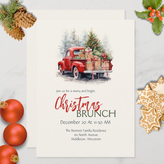 モダンな水彩画の赤いトラックと緑のクリスマスパーティー 招待状