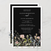 モダンな水彩画の野生の花のブラックウェディング 招待状 (正面/裏面)