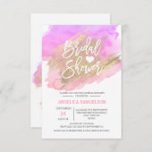 モダンな水彩画の金ゴールドのピンクの紫色のブライダルシャワー 招待状 (正面/裏面)