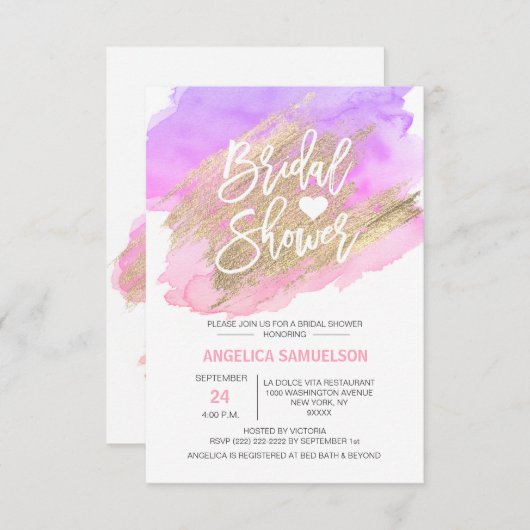 モダンな水彩画の金ゴールドのピンクの紫色のブライダルシャワー 招待状 (正面/裏面)