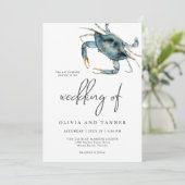 モダンな水彩画の青いカニのビーチウェディング 招待状 (スタンド正面)
