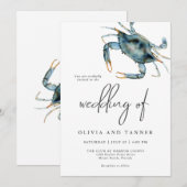 モダンな水彩画の青いカニのビーチウェディング 招待状 (正面/裏面)