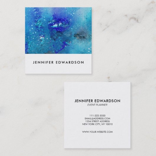 モダンな水彩画の青いティール(緑がかった色)の(ばちゃばちゃ)跳ねるのプロフェッショナル スクエア名刺 (正面/裏面)