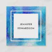 モダンな水彩画の青いティール（緑がかった色）の（ばちゃばちゃ）跳ねるの白フレーム スクエア名刺 (正面)
