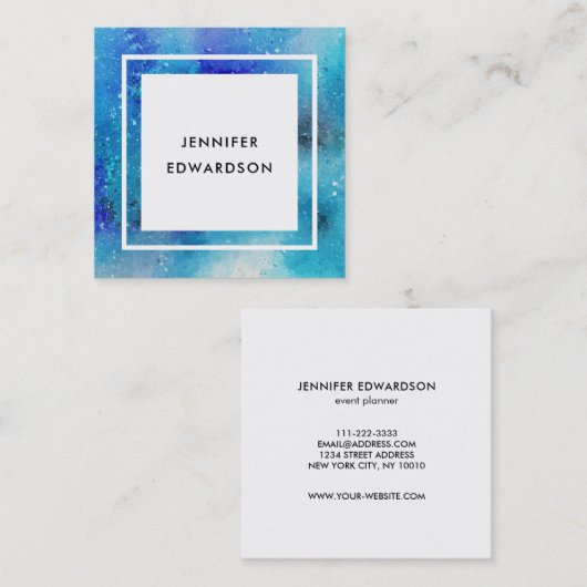 モダンな水彩画の青いティール（緑がかった色）の（ばちゃばちゃ）跳ねるの白フレーム スクエア名刺 (正面/裏面)