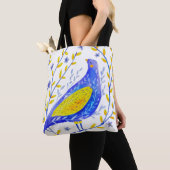 モダンな水彩画の青と黄色の鳥のアート トートバッグ (クローズアップ)