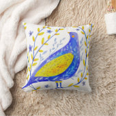 モダンな水彩画の青と黄色の鳥の芸術 クッション (ブランケット)