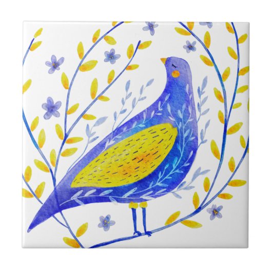 モダンな水彩画の青と黄色の鳥の芸術 タイル (正面)