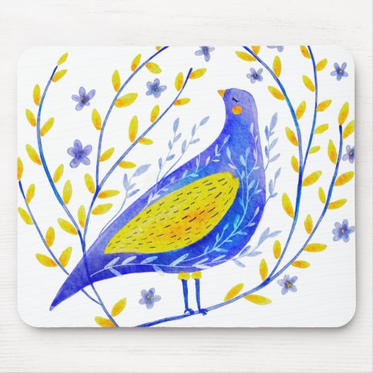 モダンな水彩画の青と黄色の鳥の芸術 マウスパッド (正面)