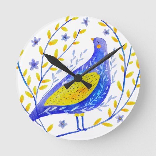 モダンな水彩画の青と黄色の鳥の芸術 ラウンド壁時計 (正面)