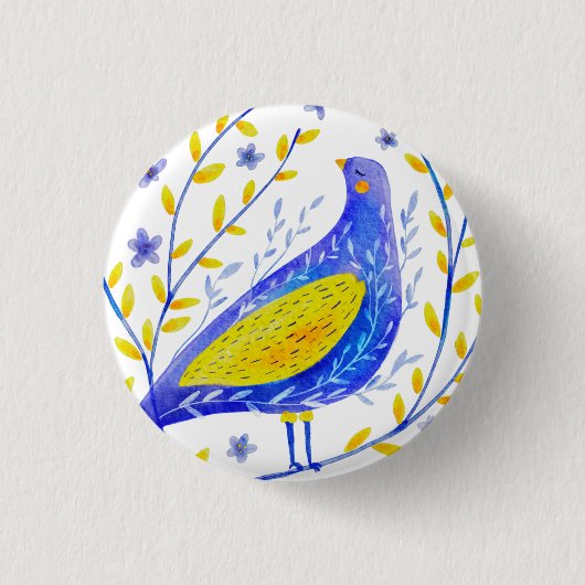 モダンな水彩画の青と黄色の鳥の芸術 缶バッジ (正面)